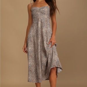 On the Prowl for Style Beige Animal Print Ruched Midi Dress